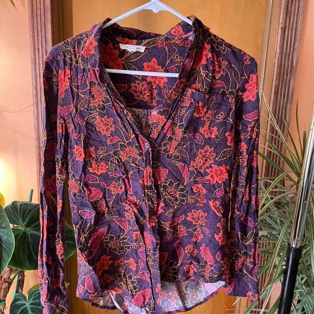 Funky retro indie Purple and orange floral button down shirt 70s vibe small